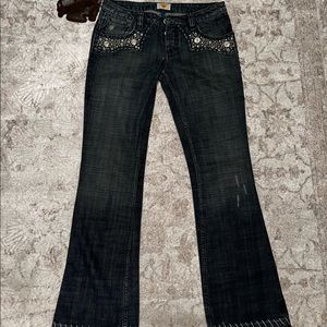 Dark wash bedazzled flare bottom denim jeans